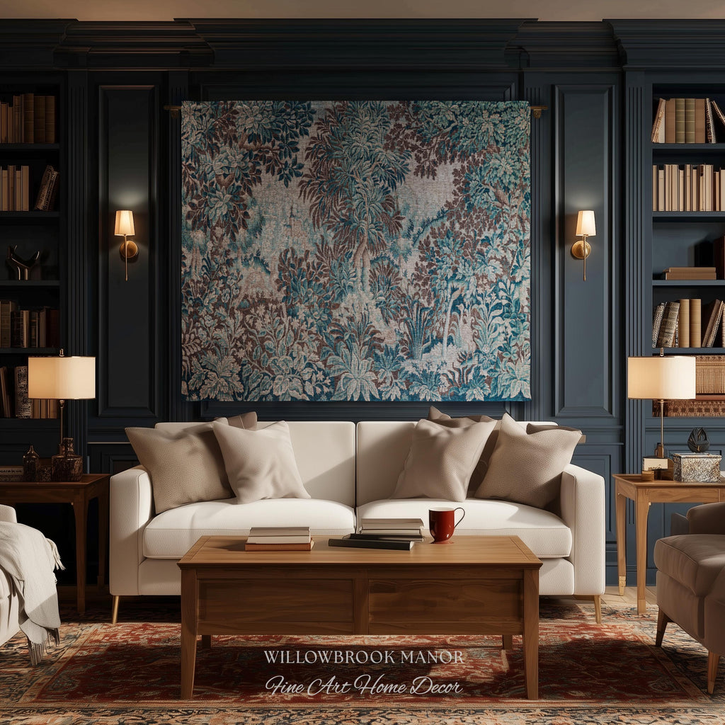 Ethereal Woodland Teal Blue French Tapestry Aubusson Chateau Style Textile Wall Decor | Tranquil Scene Vintage Verdure Forest Landscape Art
