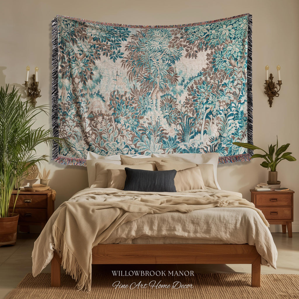 Ethereal Woodland Teal Blue French Tapestry Aubusson Chateau Style Textile Wall Decor | Tranquil Scene Vintage Verdure Forest Landscape Art