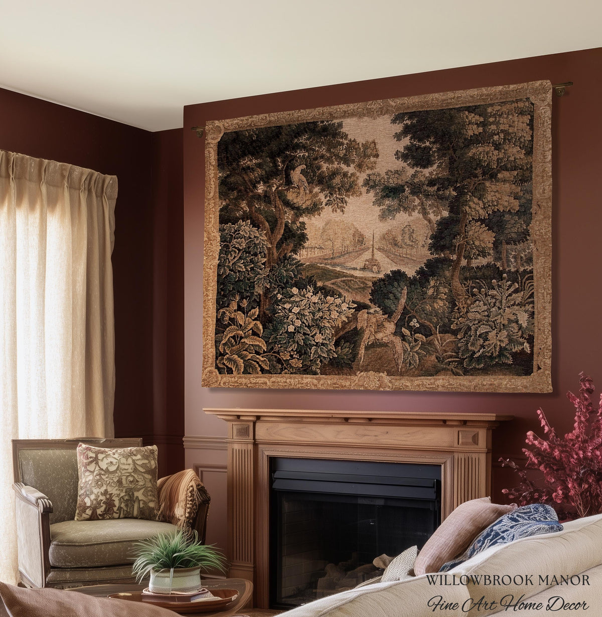 Elegant Rustic Rococo Old World Botanical Forest Tapestry Woven Woodland Scene Art | Heritage Pastoral Belgian Tapestry Classical Wall Decor
