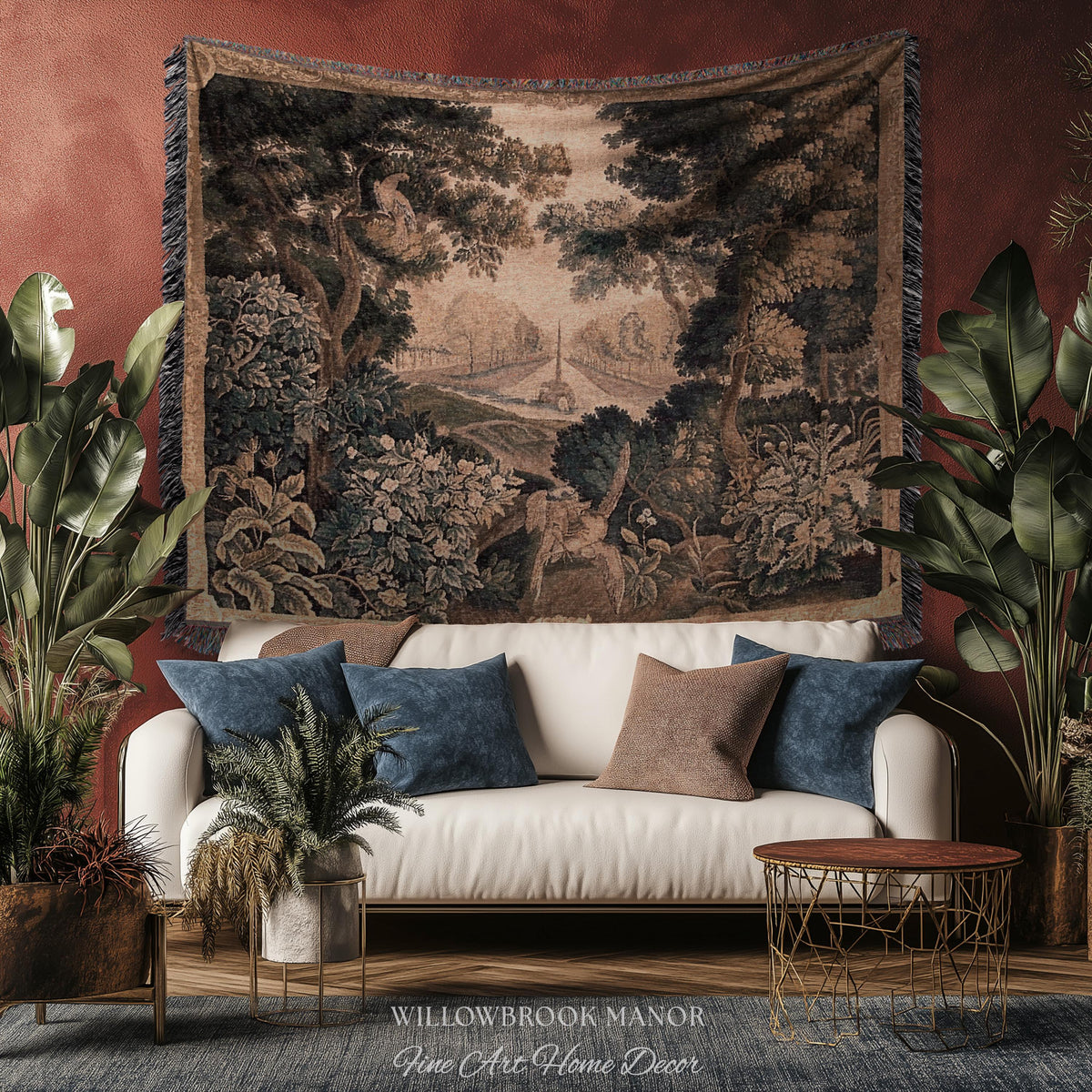 Elegant Rustic Rococo Old World Botanical Forest Tapestry Woven Woodland Scene Art | Heritage Pastoral Belgian Tapestry Classical Wall Decor