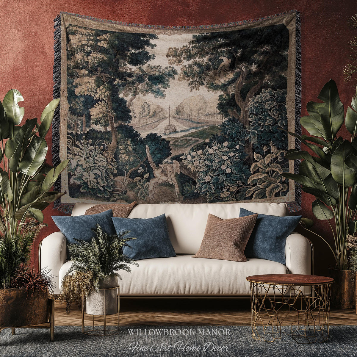 Brussels Tapestry Verdure Garden Antique European Baroque Wall Decor Birds & Foliage 17th-Century Manor Landscape Woven Traditional Textile