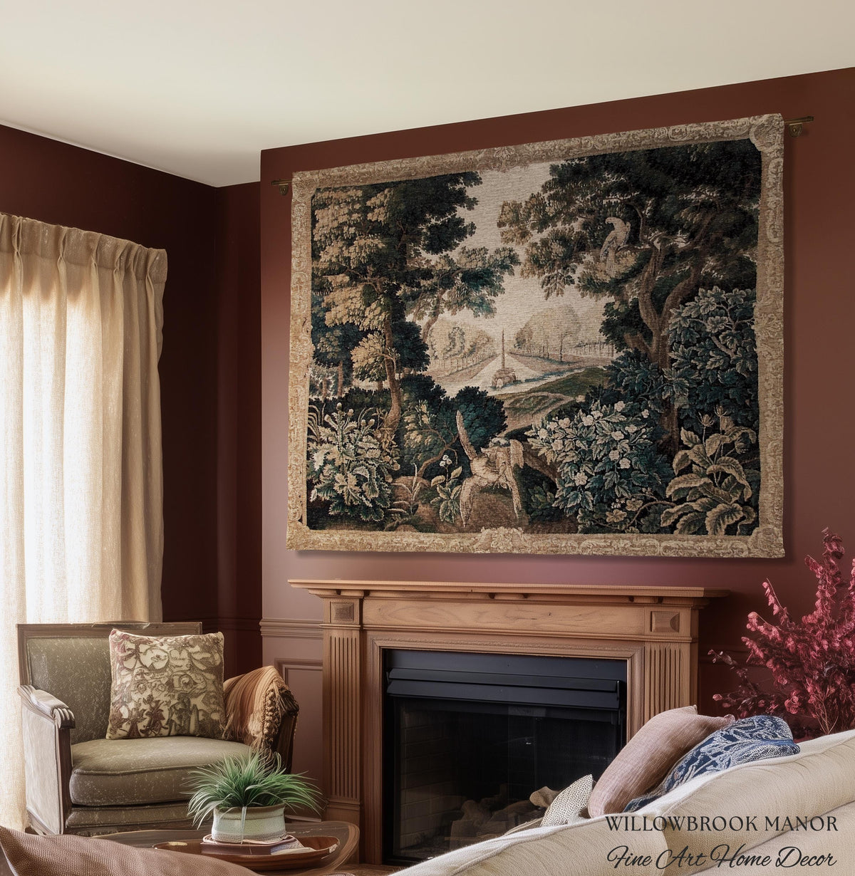 Brussels Tapestry Verdure Garden Antique European Baroque Wall Decor Birds & Foliage 17th-Century Manor Landscape Woven Traditional Textile