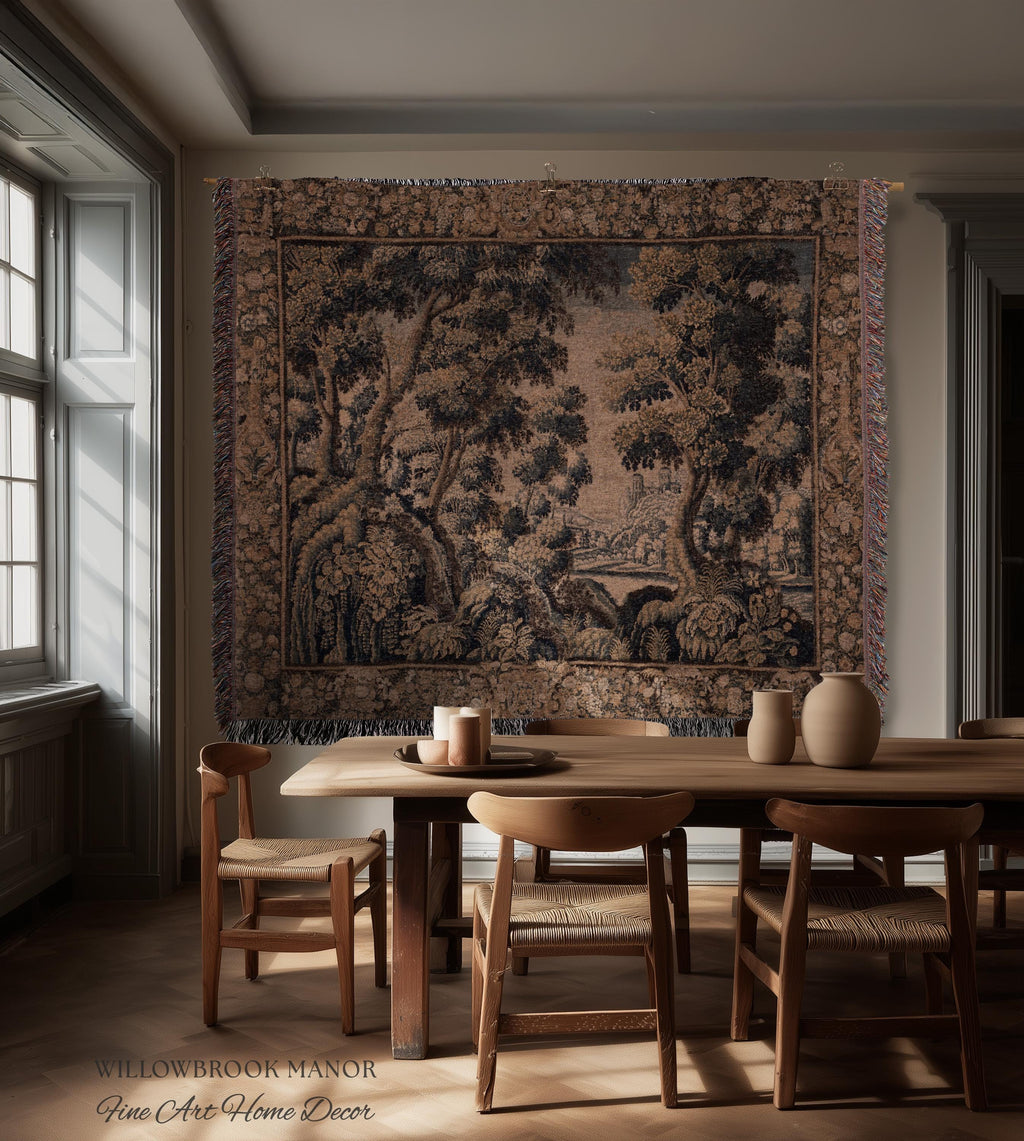 Classical Elegance Verdure Countryside Scenic Wall Hanging Jacquard Woven Throw | Old World Textile Ornate Pastoral Rustic Nostalgia Decor