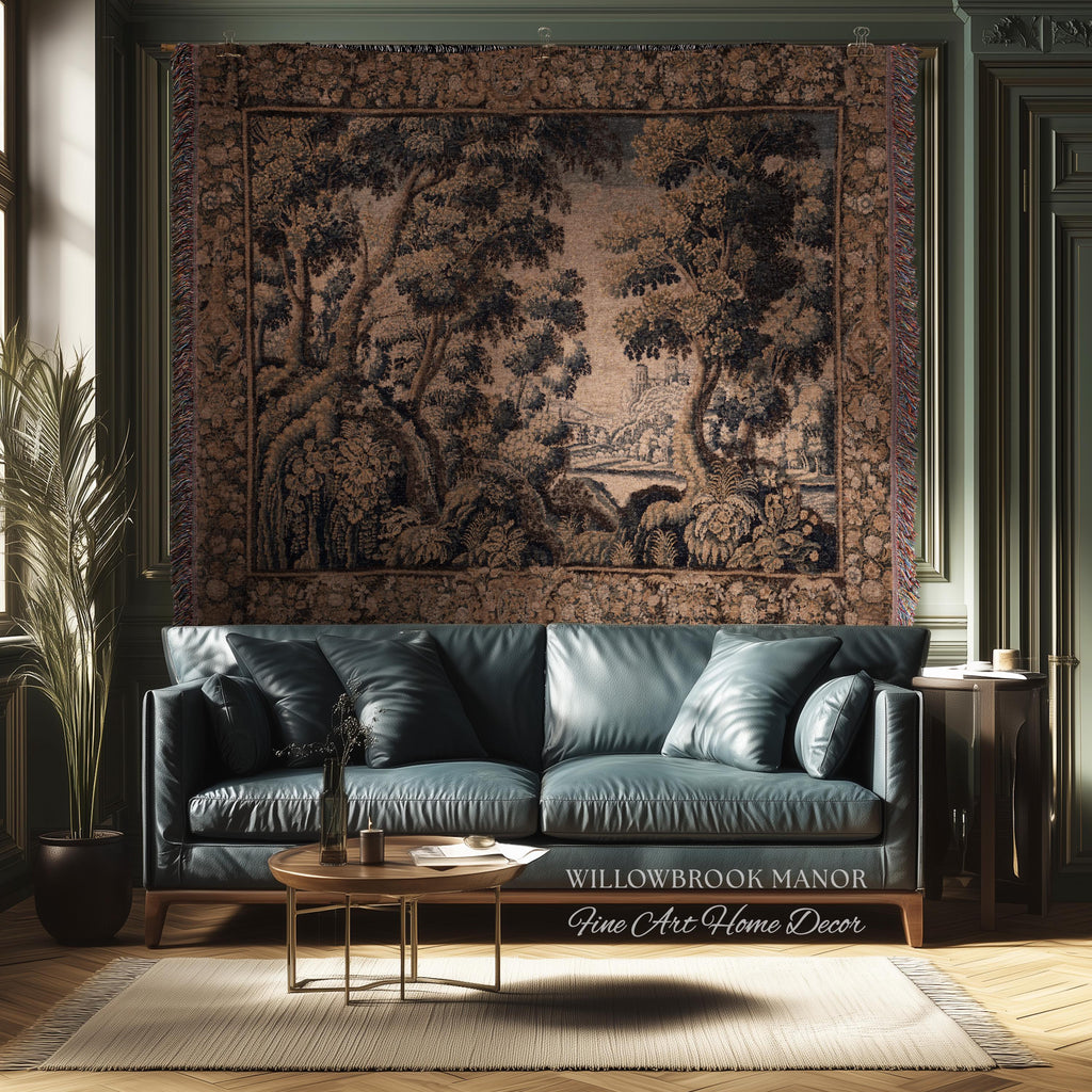 Classical Elegance Verdure Countryside Scenic Wall Hanging Jacquard Woven Throw | Old World Textile Ornate Pastoral Rustic Nostalgia Decor