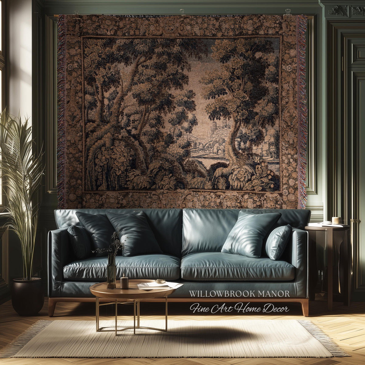 Classical Elegance Verdure Countryside Scenic Wall Hanging Jacquard Woven Throw | Old World Textile Ornate Pastoral Rustic Nostalgia Decor