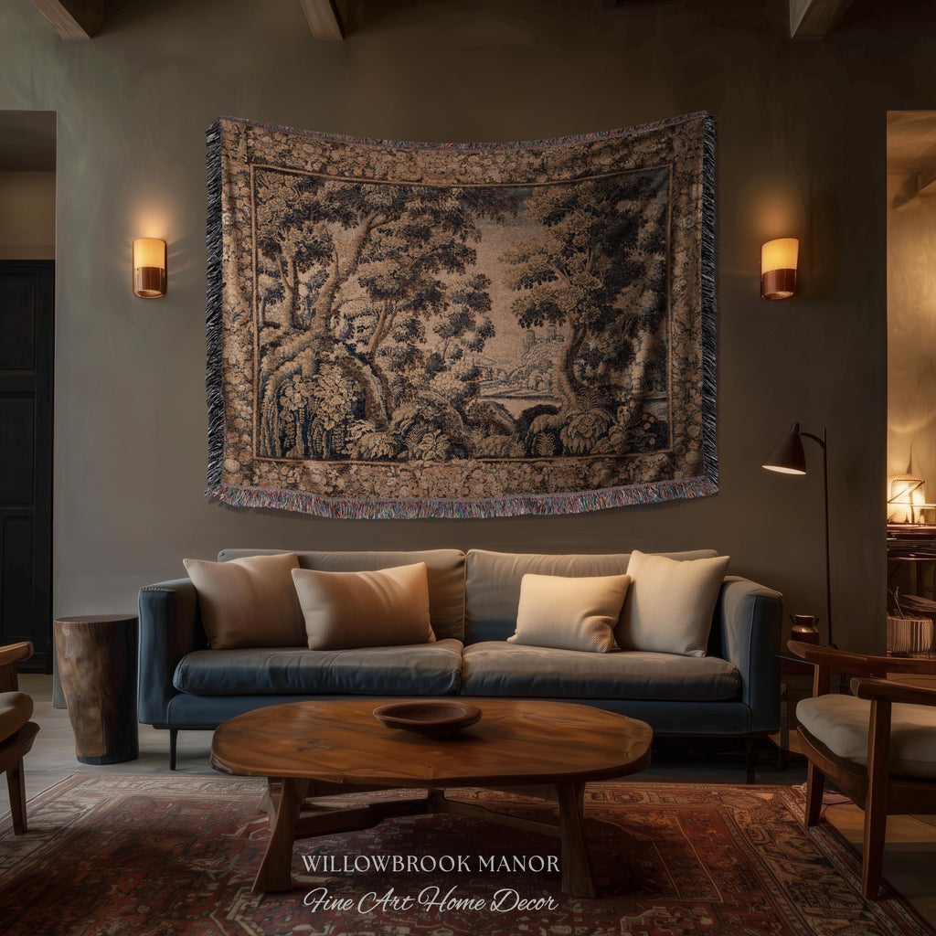 Classical Elegance Verdure Countryside Scenic Wall Hanging Jacquard Woven Throw | Old World Textile Ornate Pastoral Rustic Nostalgia Decor