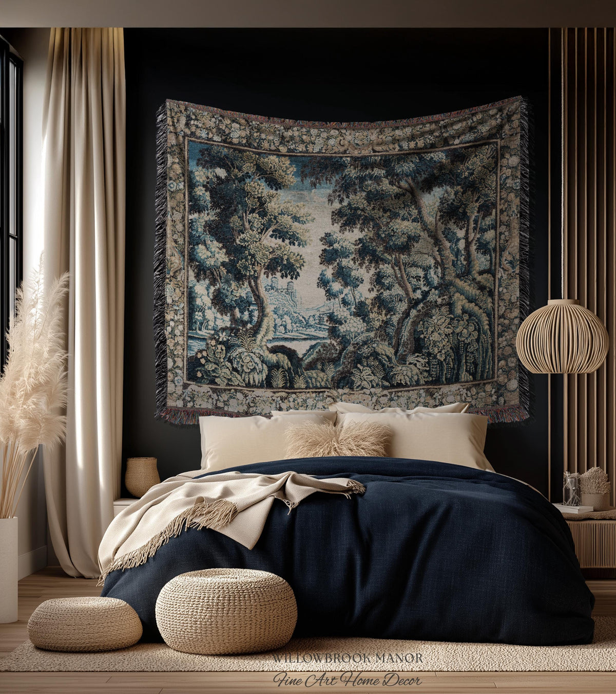 Heritage Nature Baroque Tapestry Flemish Textile Art Forest Ruins Landscape | Antique Reproduction Canal Scene Ornate Woodland Wall Decor