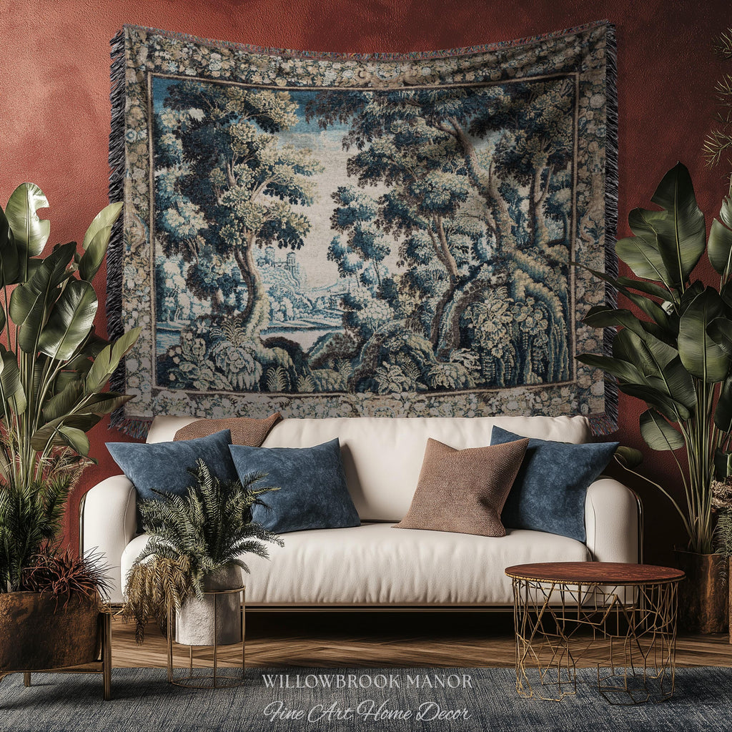 Heritage Nature Baroque Tapestry Flemish Textile Art Forest Ruins Landscape | Antique Reproduction Canal Scene Ornate Woodland Wall Decor