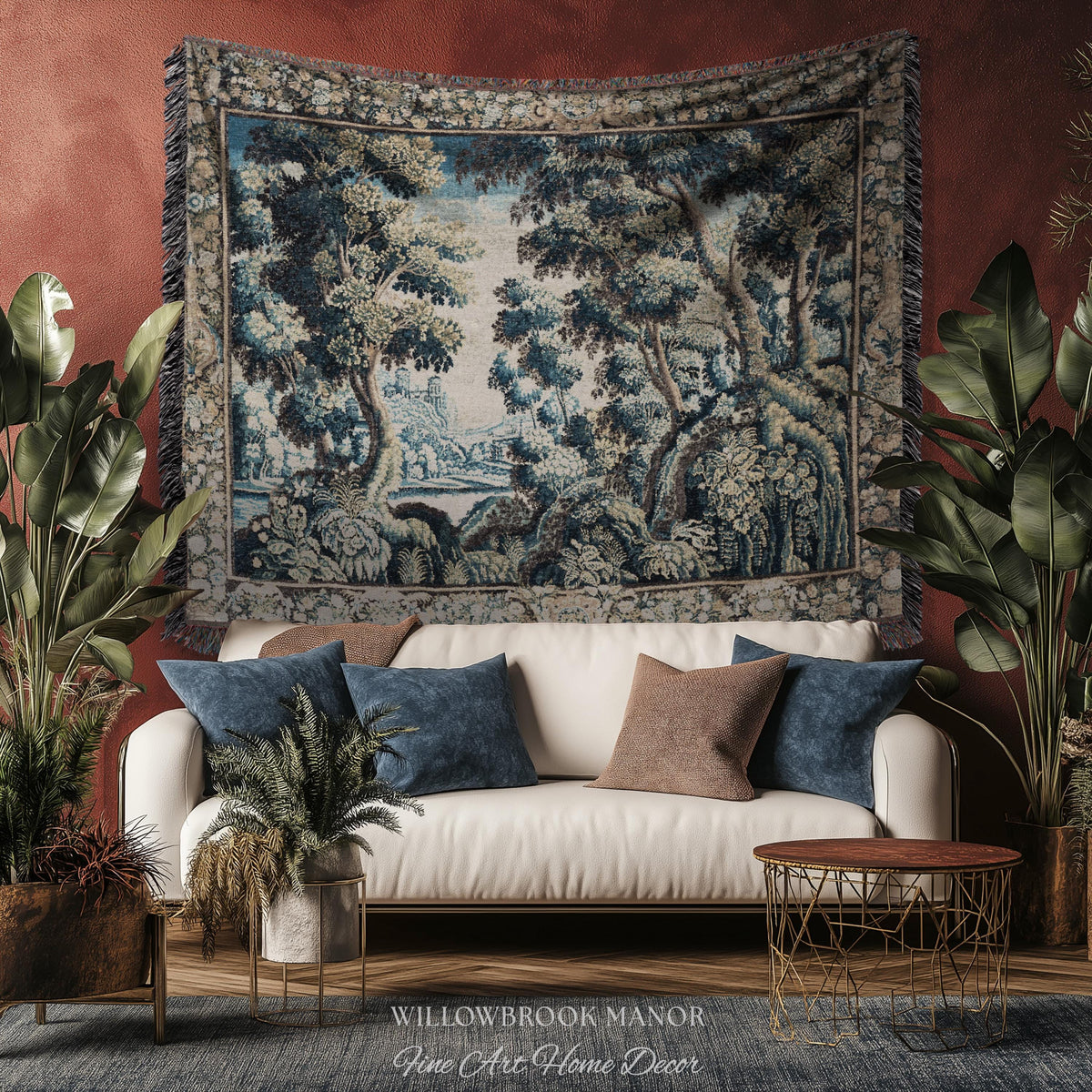 Heritage Nature Baroque Tapestry Flemish Textile Art Forest Ruins Landscape | Antique Reproduction Canal Scene Ornate Woodland Wall Decor