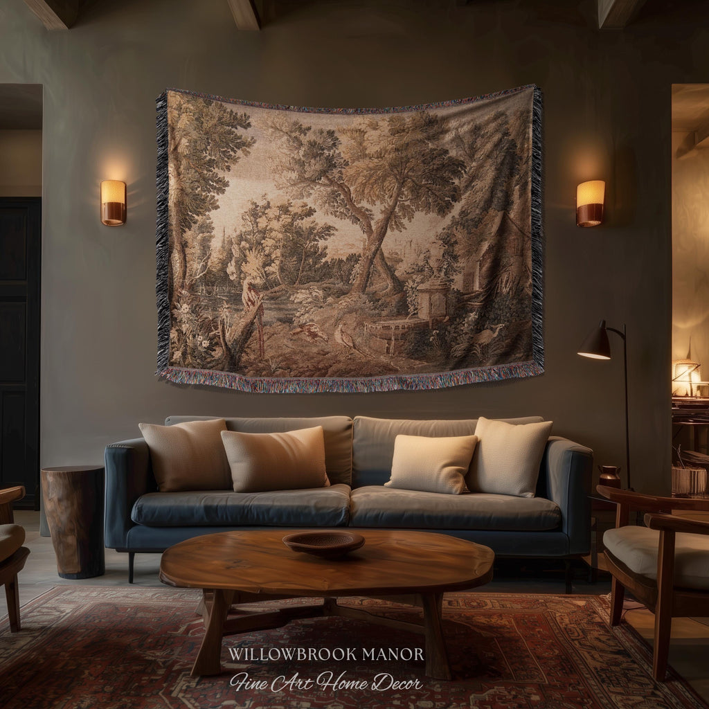 River Cottage Classical Scene Art Woven Throw Blanket | Shaggy Chic Rural Landscape Nature Wall Tapestry Botanical Bird Woodland Lake Decor