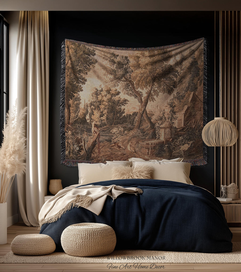 River Cottage Classical Scene Art Woven Throw Blanket | Shaggy Chic Rural Landscape Nature Wall Tapestry Botanical Bird Woodland Lake Decor