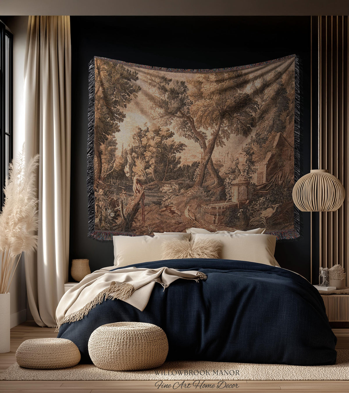 River Cottage Classical Scene Art Woven Throw Blanket | Shaggy Chic Rural Landscape Nature Wall Tapestry Botanical Bird Woodland Lake Decor
