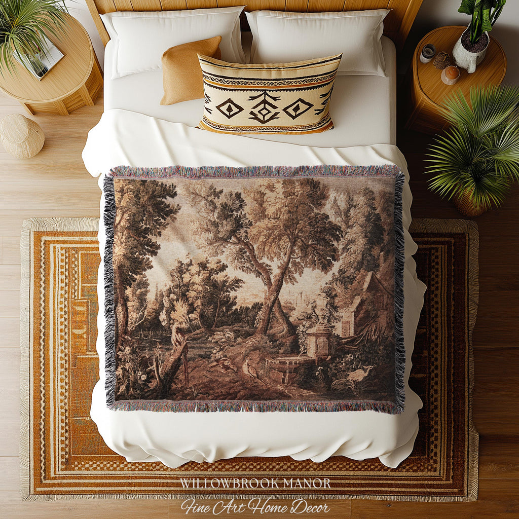 River Cottage Classical Scene Art Woven Throw Blanket | Shaggy Chic Rural Landscape Nature Wall Tapestry Botanical Bird Woodland Lake Decor