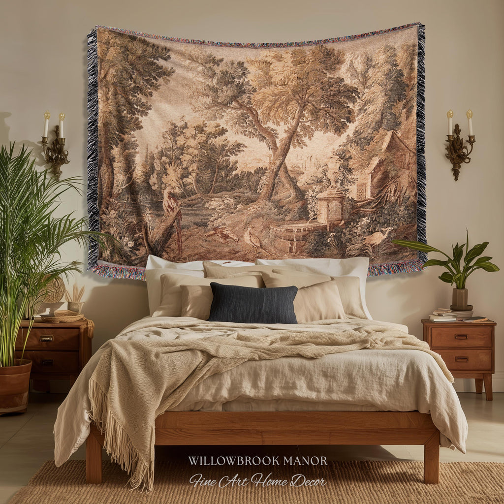 River Cottage Classical Scene Art Woven Throw Blanket | Shaggy Chic Rural Landscape Nature Wall Tapestry Botanical Bird Woodland Lake Decor