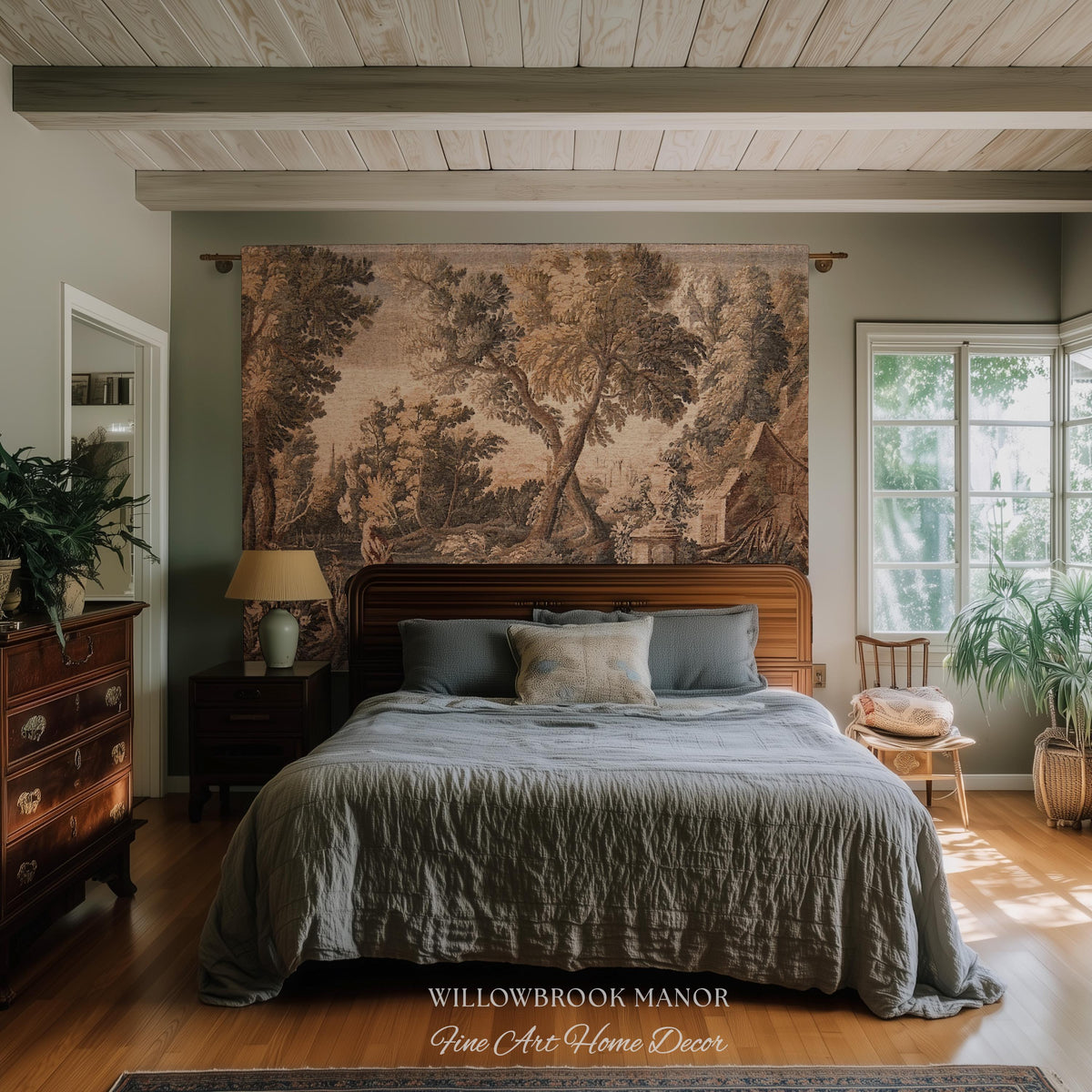 River Cottage Classical Scene Art Woven Throw Blanket | Shaggy Chic Rural Landscape Nature Wall Tapestry Botanical Bird Woodland Lake Decor