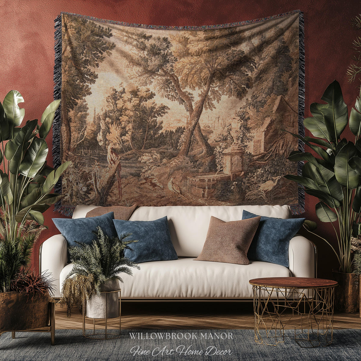 River Cottage Classical Scene Art Woven Throw Blanket | Shaggy Chic Rural Landscape Nature Wall Tapestry Botanical Bird Woodland Lake Decor