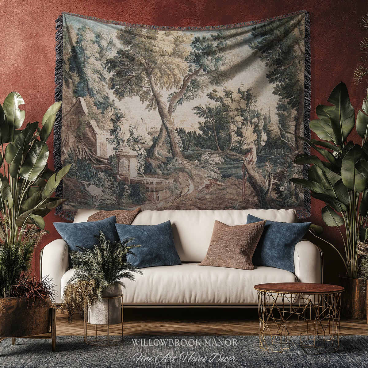 Peaceful Landscape European Old World Aubusson Chinoiserie Textile Tapestry | Antique Farmhouse French Cottage Art Woven Lake Scene Decor