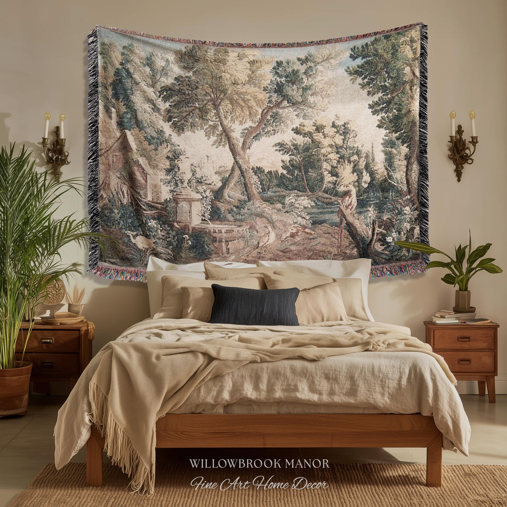 Peaceful Landscape European Old World Aubusson Chinoiserie Textile Tapestry | Antique Farmhouse French Cottage Art Woven Lake Scene Decor