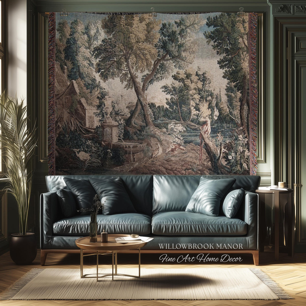Peaceful Landscape European Old World Aubusson Chinoiserie Textile Tapestry | Antique Farmhouse French Cottage Art Woven Lake Scene Decor