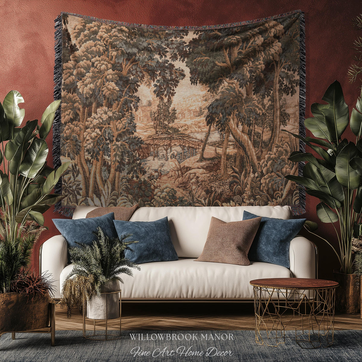 Jacquard French Pastoral Scenic Wall Tapestry Woven Rustic River Art | Classical Home Decor Vintage Verdure Heron Bird Nature Wall Hanging