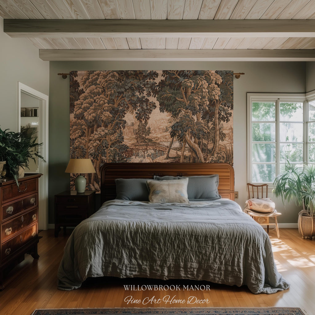 Jacquard French Pastoral Scenic Wall Tapestry Woven Rustic River Art | Classical Home Decor Vintage Verdure Heron Bird Nature Wall Hanging