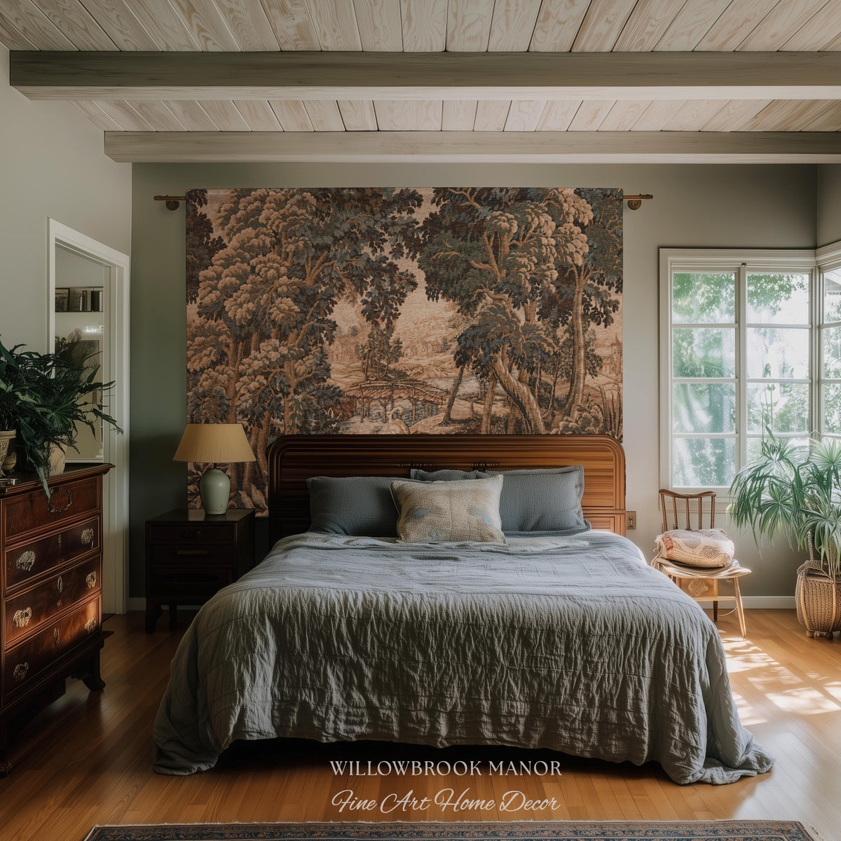 Jacquard French Pastoral Scenic Wall Tapestry Woven Rustic River Art | Classical Home Decor Vintage Verdure Heron Bird Nature Wall Hanging