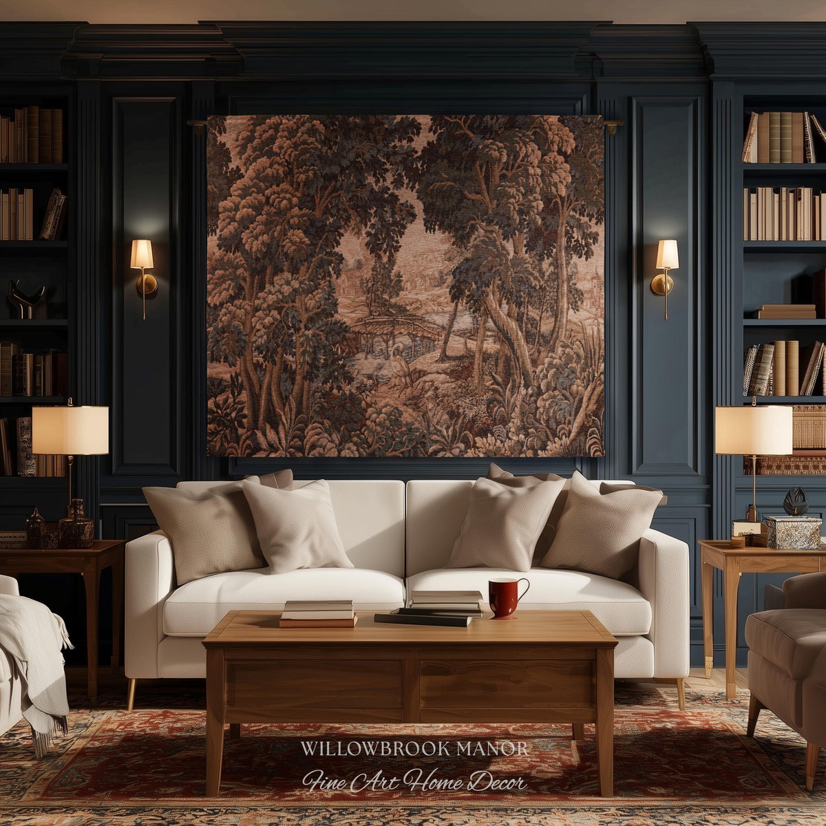 Jacquard French Pastoral Scenic Wall Tapestry Woven Rustic River Art | Classical Home Decor Vintage Verdure Heron Bird Nature Wall Hanging