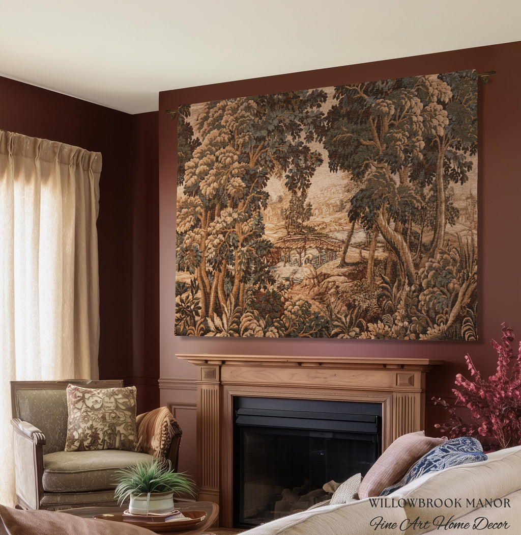 Jacquard French Pastoral Scenic Wall Tapestry Woven Rustic River Art | Classical Home Decor Vintage Verdure Heron Bird Nature Wall Hanging