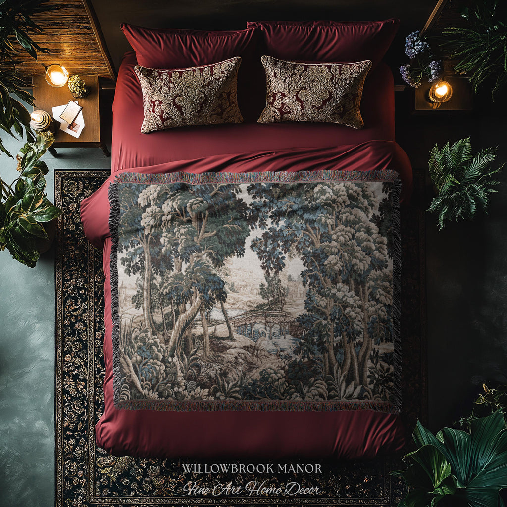 Royal Verdure Scenic River View Wetland Landscape Woven Textile Flemish Tapestry | Countryside Waterway Heron Rustic Bird and Foliage Decor
