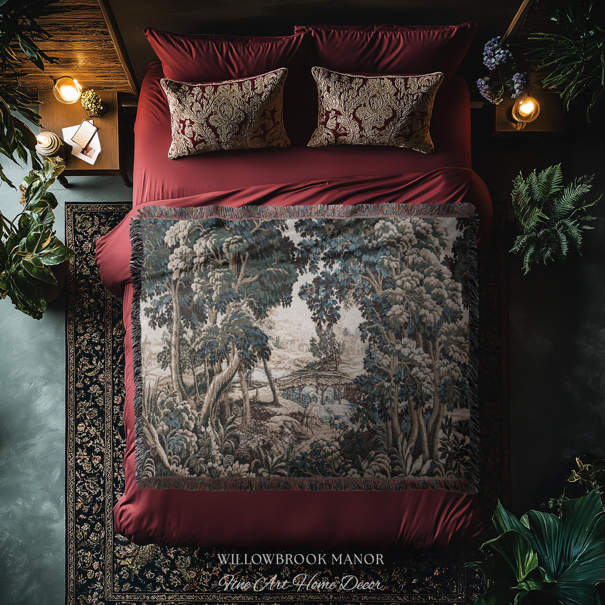 Royal Verdure Scenic River View Wetland Landscape Woven Textile Flemish Tapestry | Countryside Waterway Heron Rustic Bird and Foliage Decor