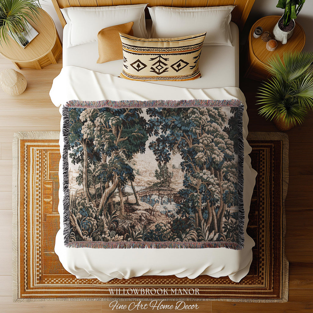 Royal Verdure Scenic River View Wetland Landscape Woven Textile Flemish Tapestry | Countryside Waterway Heron Rustic Bird and Foliage Decor