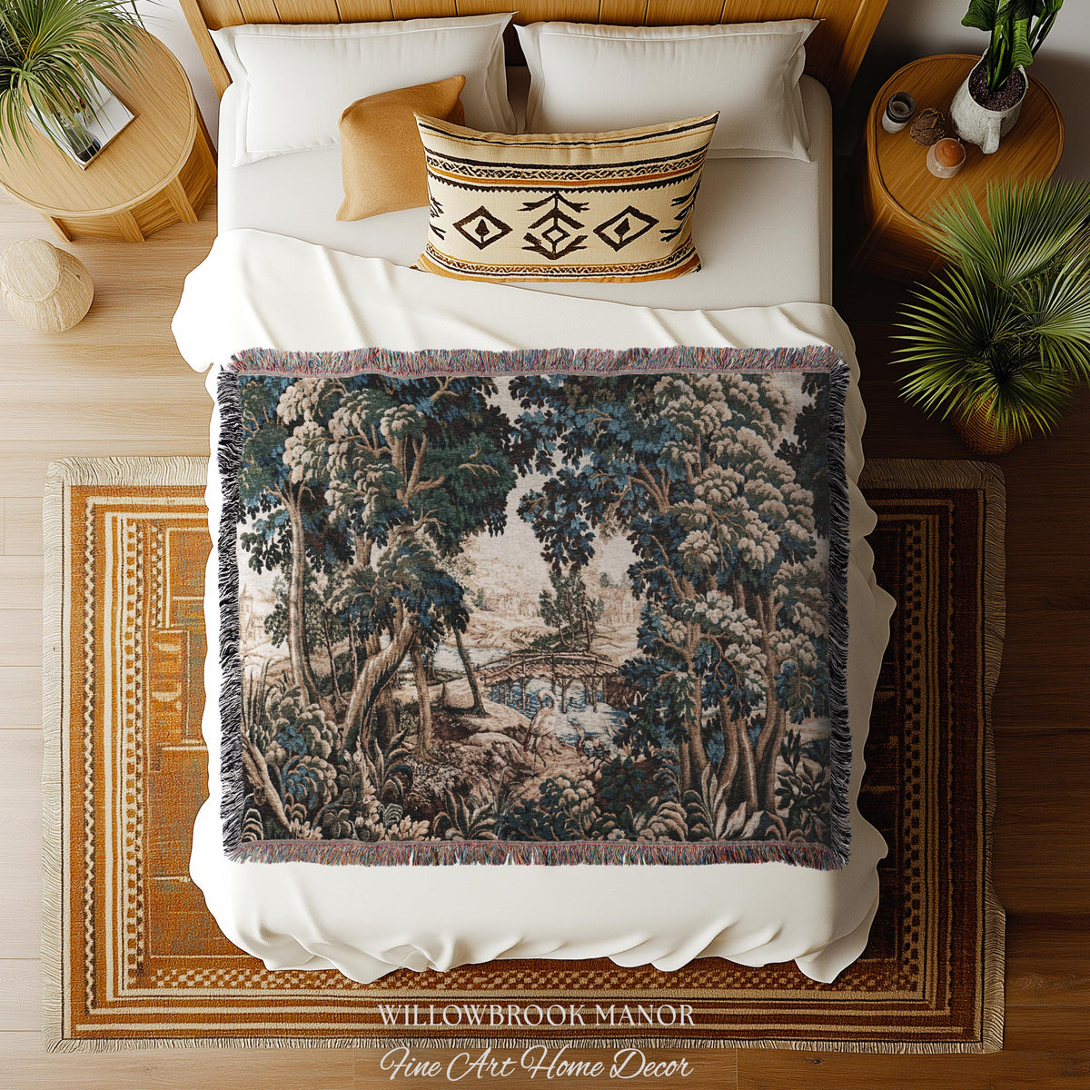 Royal Verdure Scenic River View Wetland Landscape Woven Textile Flemish Tapestry | Countryside Waterway Heron Rustic Bird and Foliage Decor