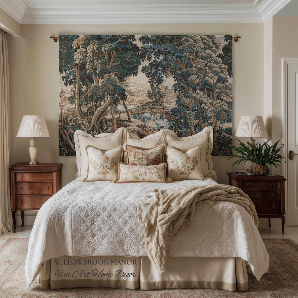 Royal Verdure Scenic River View Wetland Landscape Woven Textile Flemish Tapestry | Countryside Waterway Heron Rustic Bird and Foliage Decor