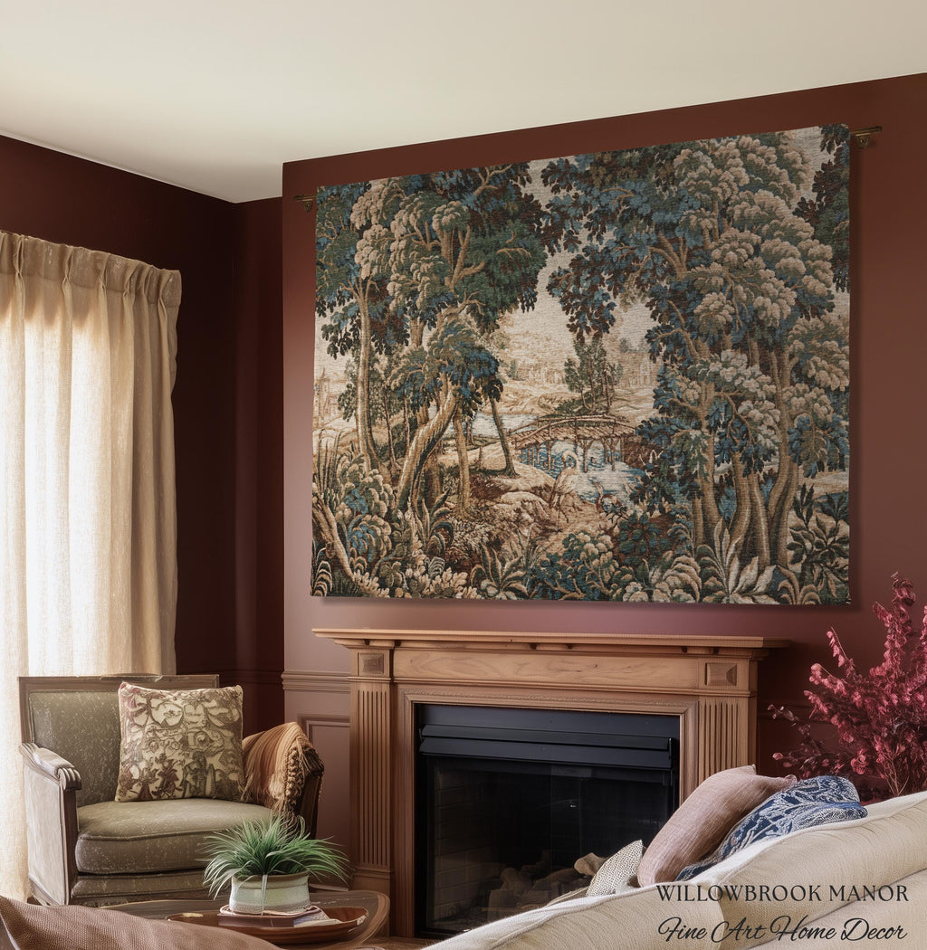 Royal Verdure Scenic River View Wetland Landscape Woven Textile Flemish Tapestry | Countryside Waterway Heron Rustic Bird and Foliage Decor