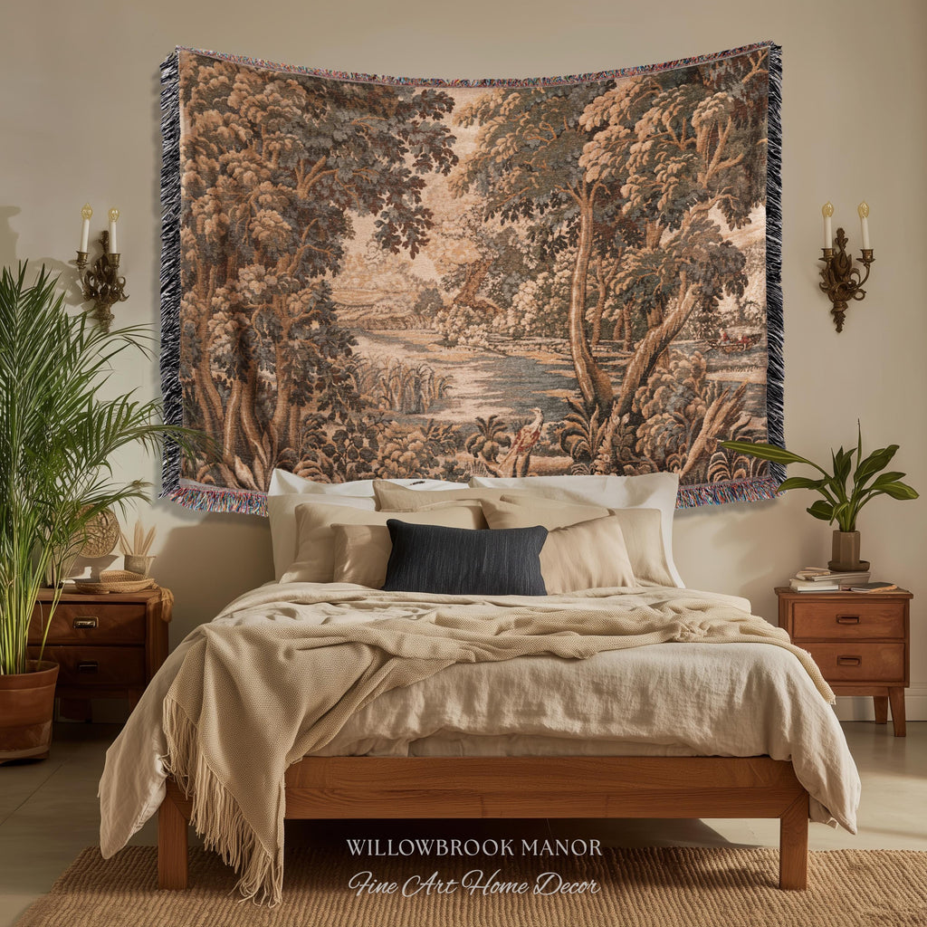 Earthy European Waterway Woven Tapestry | Forest Clearing French Landscape Verdure Wildlife Rustic European Jacquard Throw Blanket Heritage