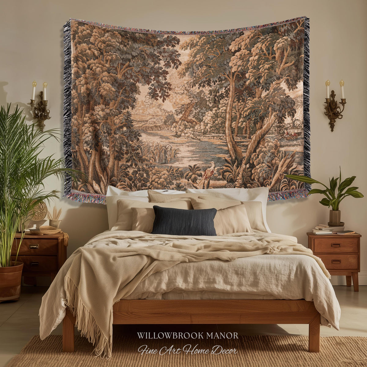 Earthy European Waterway Woven Tapestry | Forest Clearing French Landscape Verdure Wildlife Rustic European Jacquard Throw Blanket Heritage