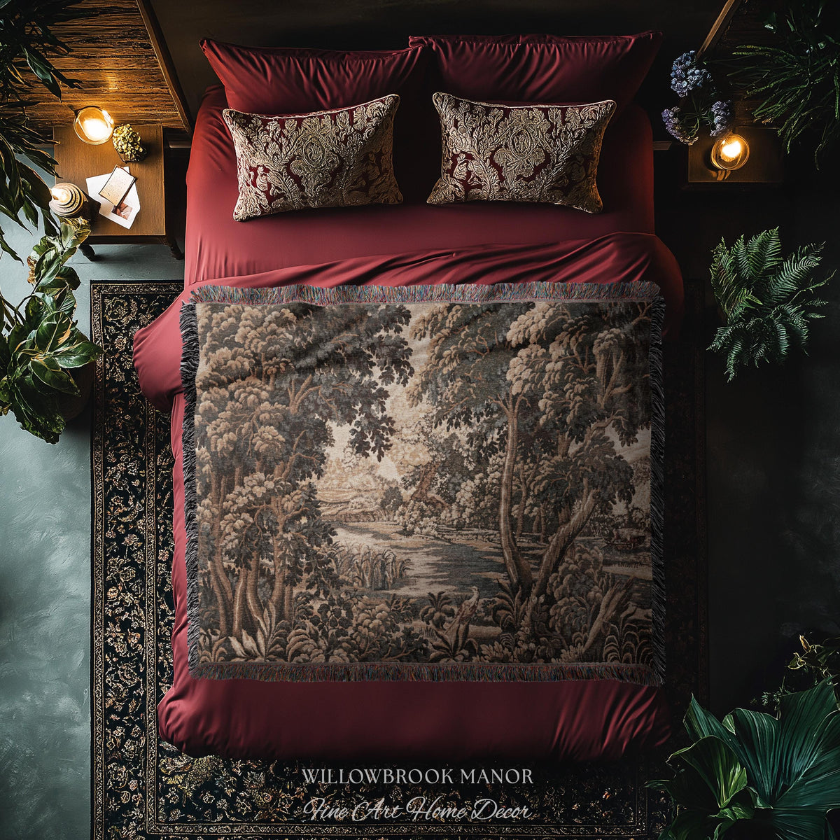 Earthy European Waterway Woven Tapestry | Forest Clearing French Landscape Verdure Wildlife Rustic European Jacquard Throw Blanket Heritage