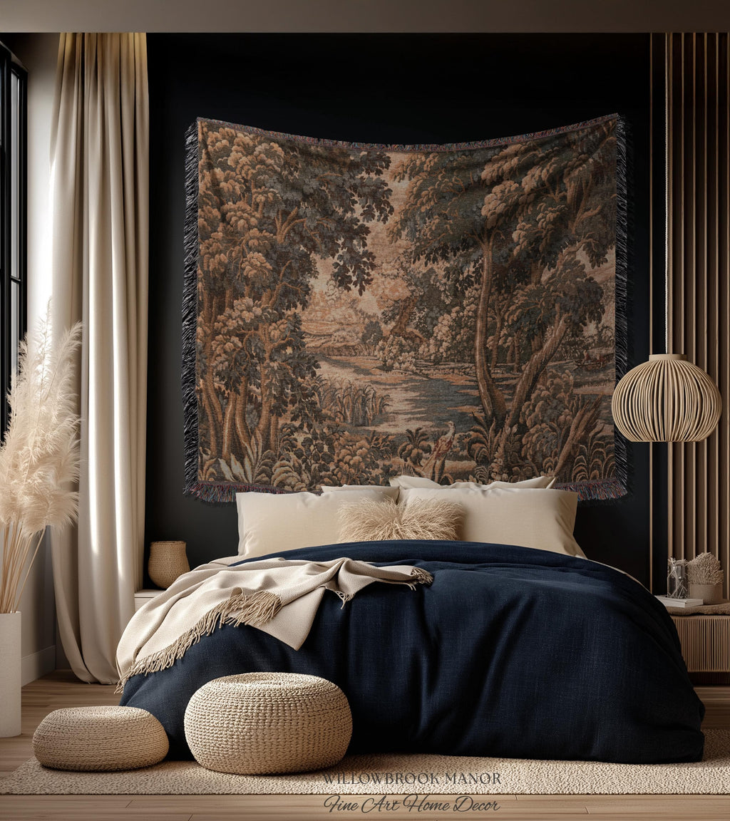 Earthy European Waterway Woven Tapestry | Forest Clearing French Landscape Verdure Wildlife Rustic European Jacquard Throw Blanket Heritage