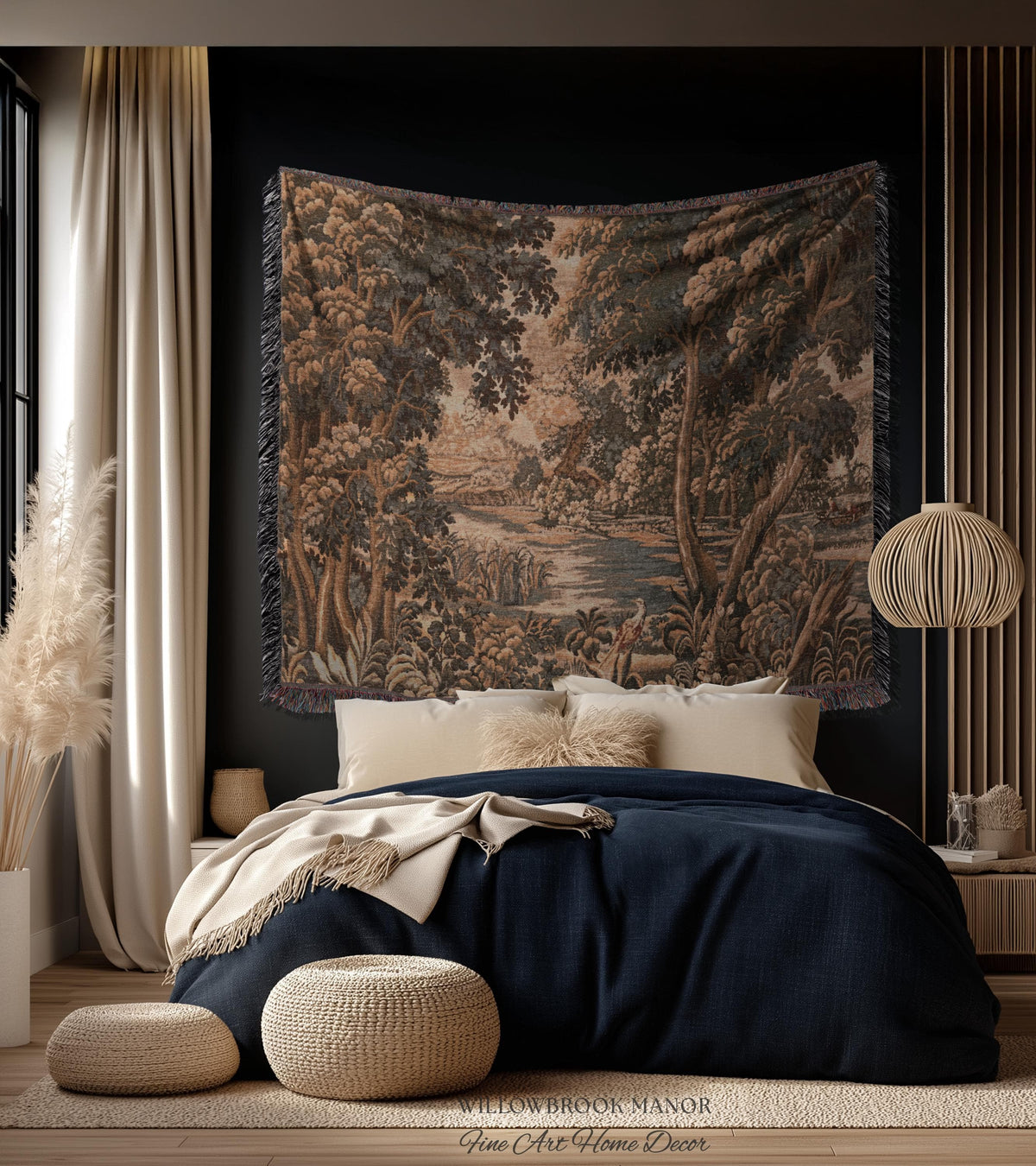 Earthy European Waterway Woven Tapestry | Forest Clearing French Landscape Verdure Wildlife Rustic European Jacquard Throw Blanket Heritage