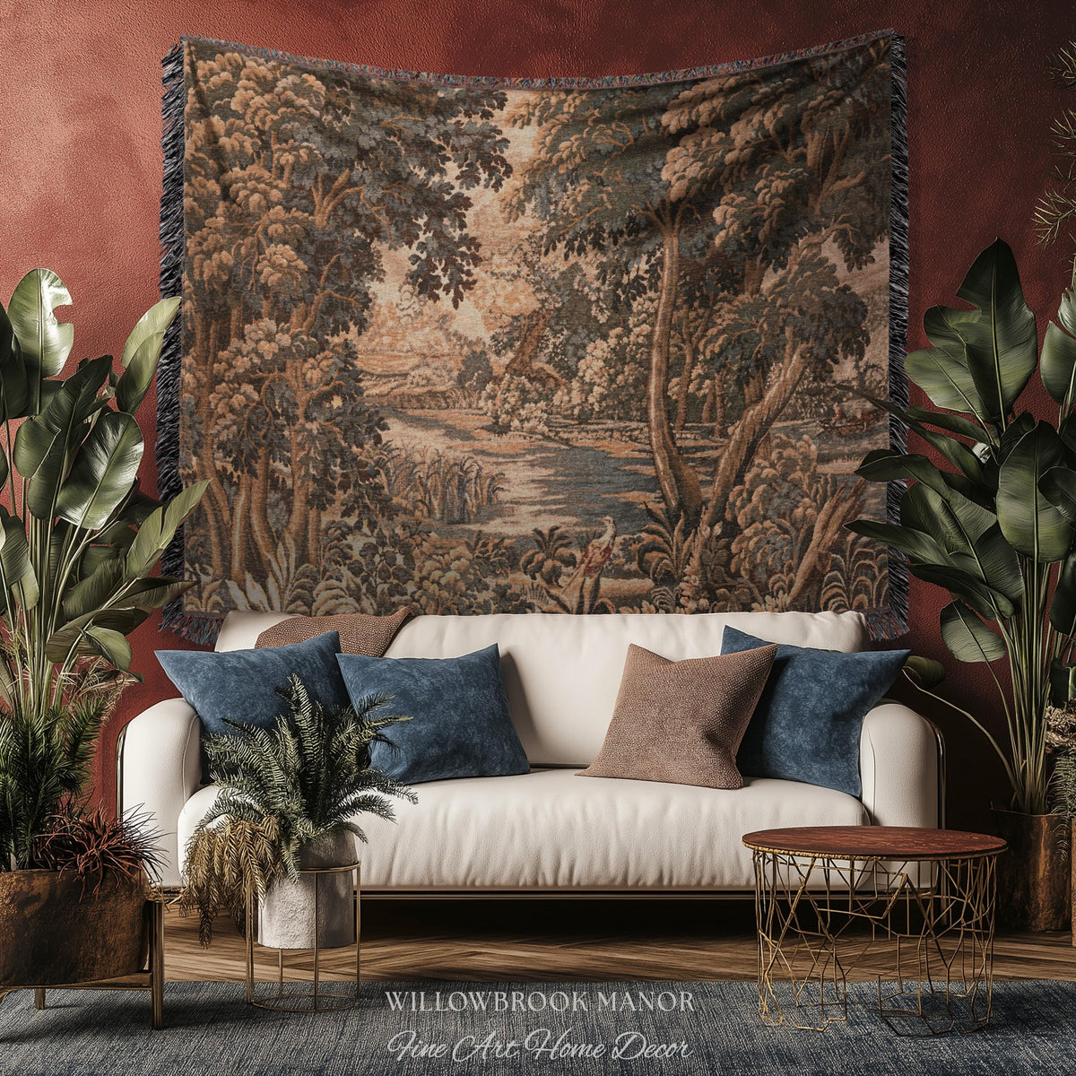 Earthy European Waterway Woven Tapestry | Forest Clearing French Landscape Verdure Wildlife Rustic European Jacquard Throw Blanket Heritage