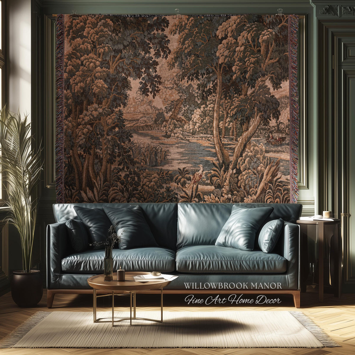 Earthy European Waterway Woven Tapestry | Forest Clearing French Landscape Verdure Wildlife Rustic European Jacquard Throw Blanket Heritage