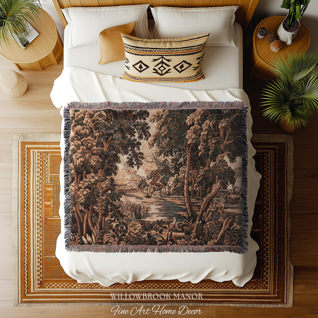 Earthy European Waterway Woven Tapestry | Forest Clearing French Landscape Verdure Wildlife Rustic European Jacquard Throw Blanket Heritage