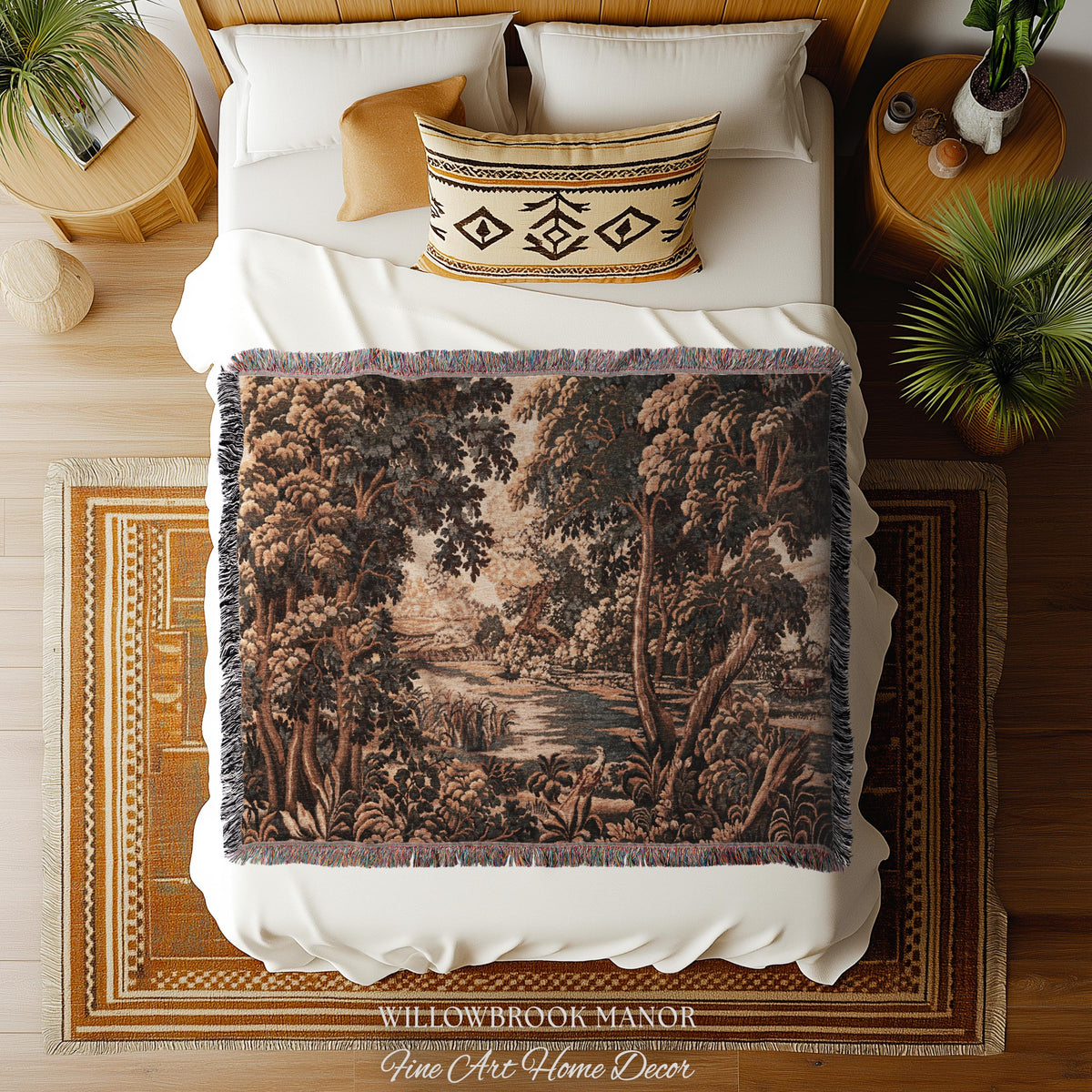 Earthy European Waterway Woven Tapestry | Forest Clearing French Landscape Verdure Wildlife Rustic European Jacquard Throw Blanket Heritage
