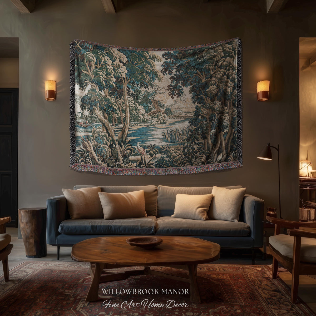 Baroque Pastoral Forest Riverbank Scene Flemish Tapestry Woven Verdure | European Village Antique Textile Heritage Art Countryside Blanket