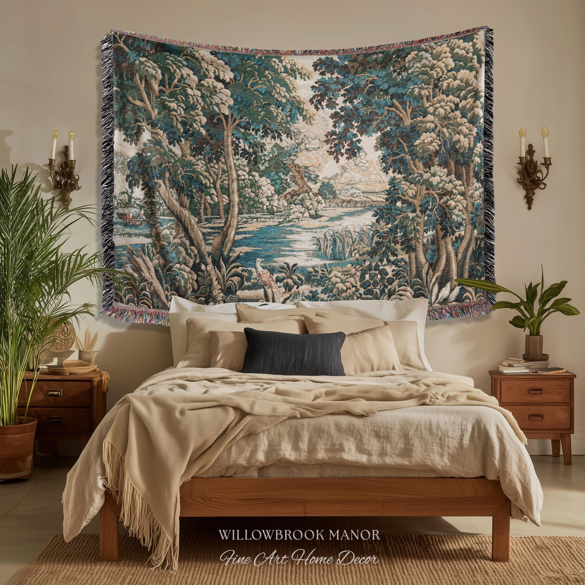 Baroque Pastoral Forest Riverbank Scene Flemish Tapestry Woven Verdure | European Village Antique Textile Heritage Art Countryside Blanket