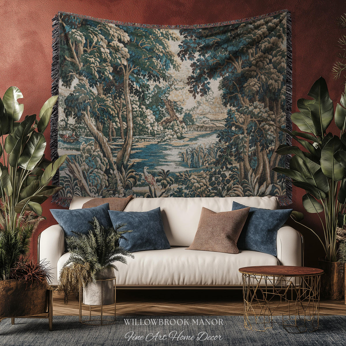 Baroque Pastoral Forest Riverbank Scene Flemish Tapestry Woven Verdure | European Village Antique Textile Heritage Art Countryside Blanket