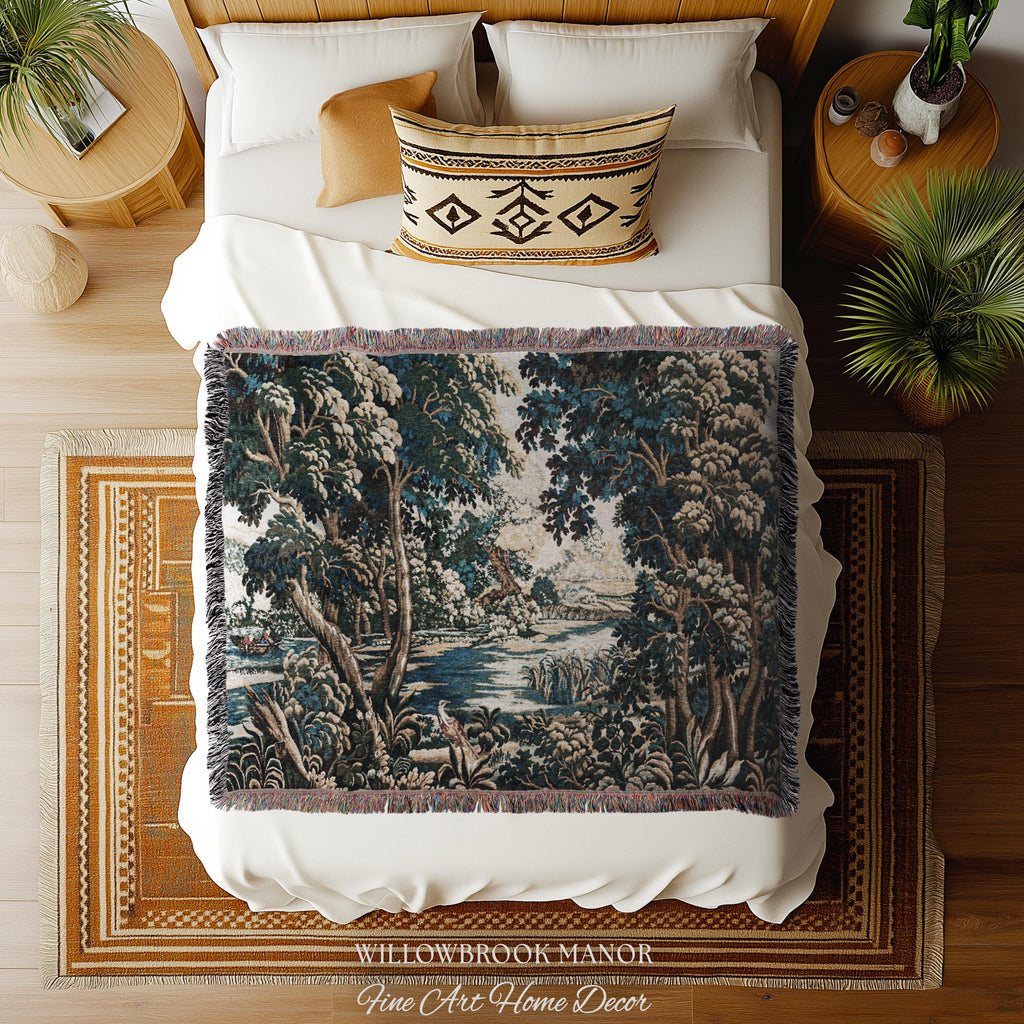 Baroque Pastoral Forest Riverbank Scene Flemish Tapestry Woven Verdure | European Village Antique Textile Heritage Art Countryside Blanket