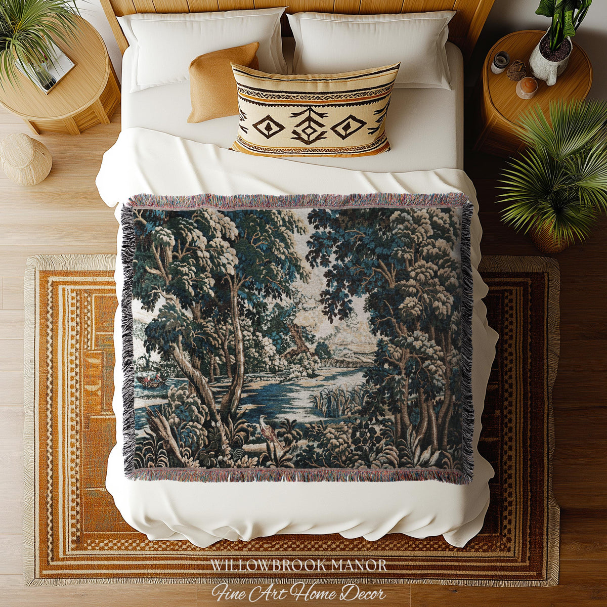 Baroque Pastoral Forest Riverbank Scene Flemish Tapestry Woven Verdure | European Village Antique Textile Heritage Art Countryside Blanket