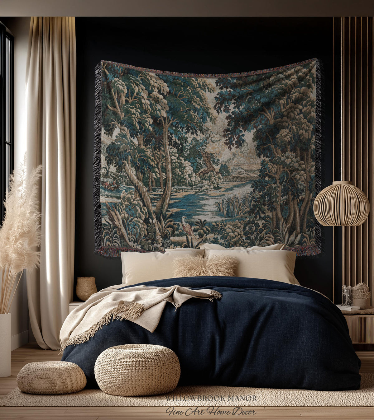 Baroque Pastoral Forest Riverbank Scene Flemish Tapestry Woven Verdure | European Village Antique Textile Heritage Art Countryside Blanket