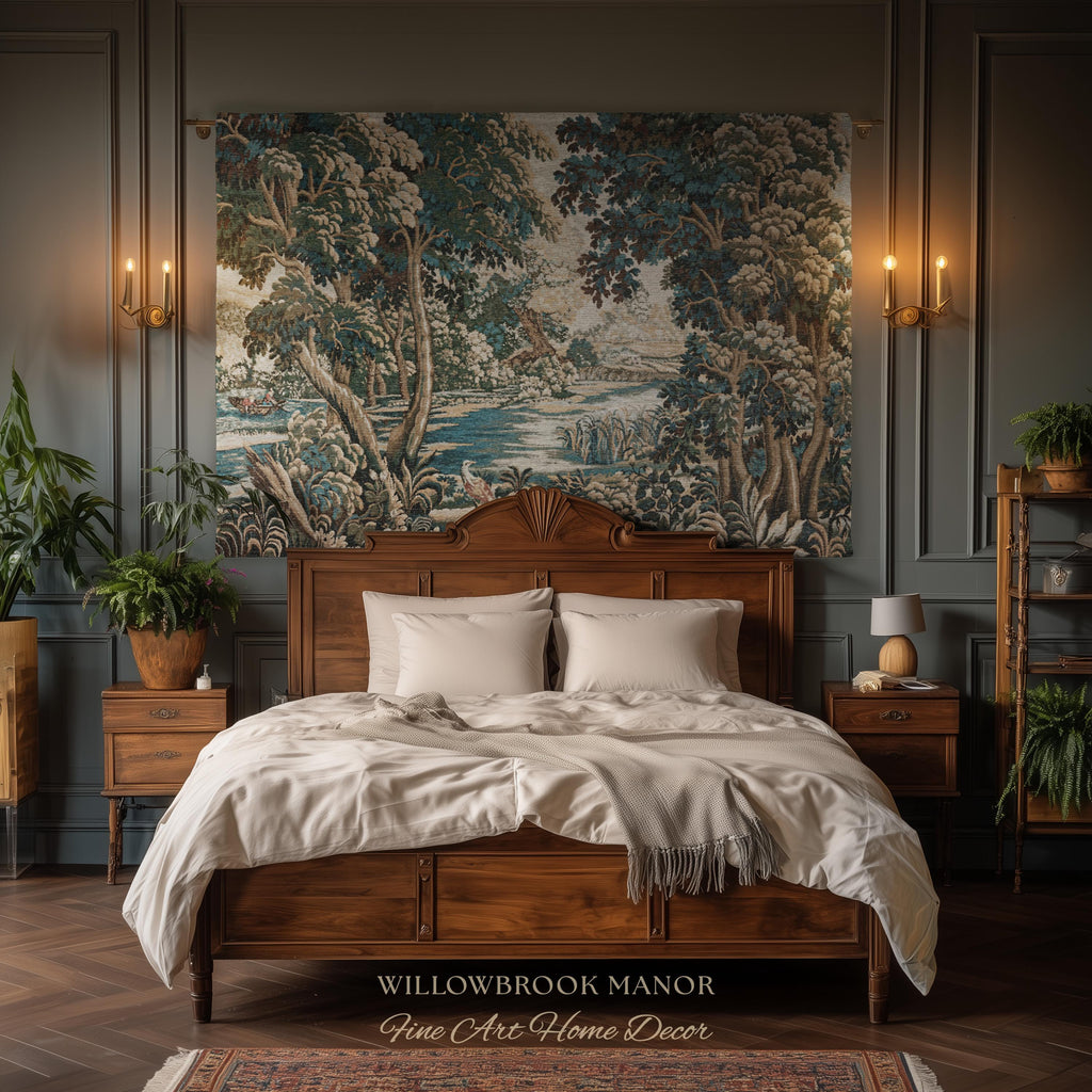 Baroque Pastoral Forest Riverbank Scene Flemish Tapestry Woven Verdure | European Village Antique Textile Heritage Art Countryside Blanket